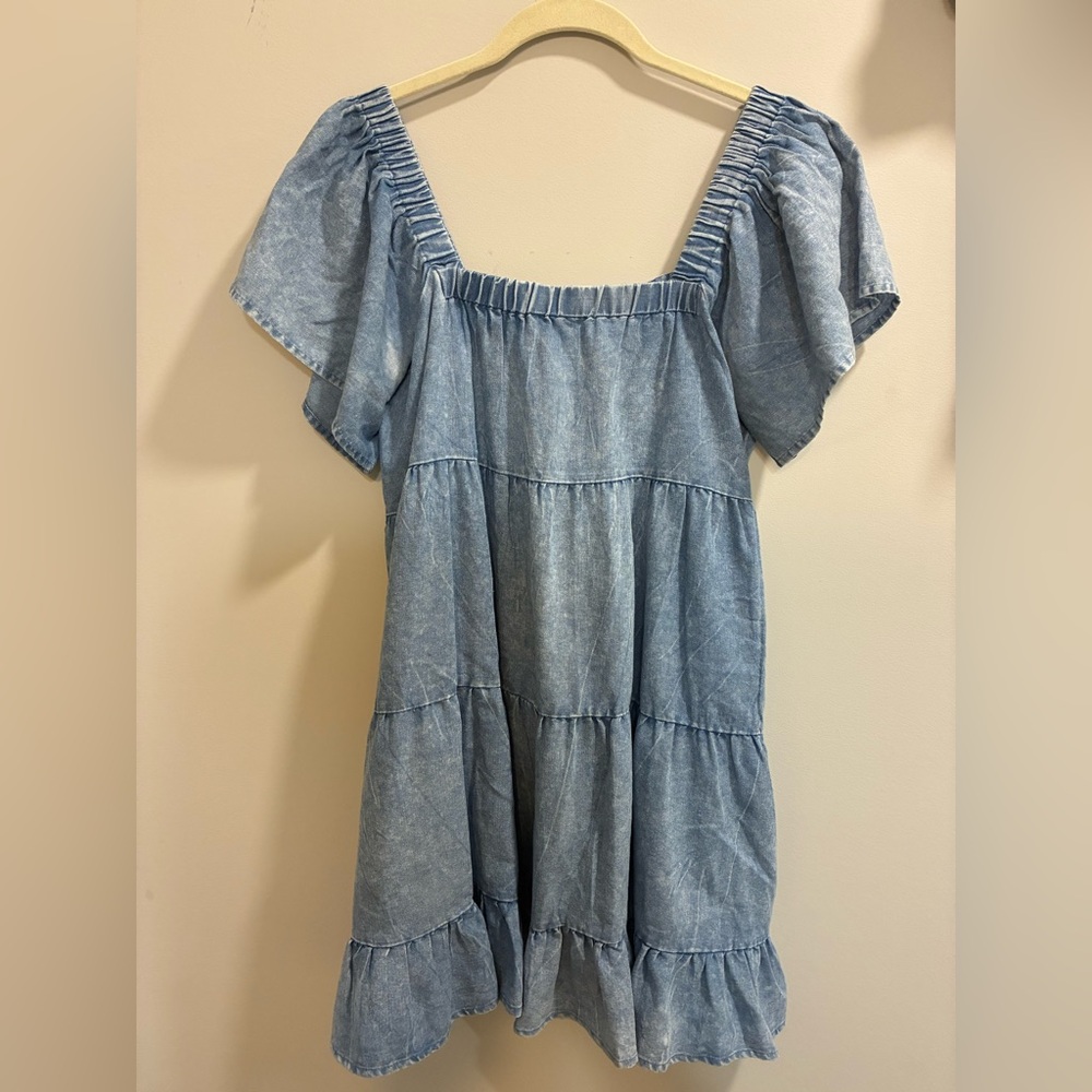 ODDY Denim Blue Women's Dress Tiered Ruffled Square Neckline Small